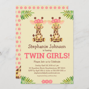 Invitation Twin Girls Safari Giraffe mignonne Baby shower