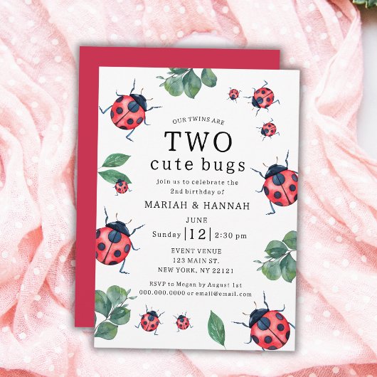 Invitation Twin Girls Two mignons Bugs Ladybug 2e anniversair