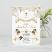 Invitation Twin Girls White Floral Gold First Holy Communion (Debout devant)
