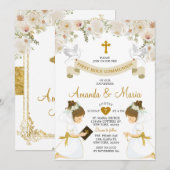 Invitation Twin Girls White Floral Gold First Holy Communion (Devant / Derrière)