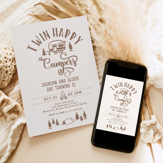 Invitation Twin Happy campers Boy forest 1er anniversaire