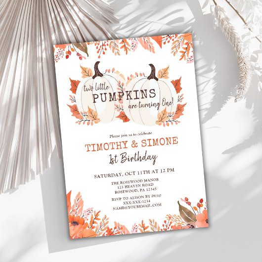Invitation Twin Kids Floral Citrouille Automne Premier Annive