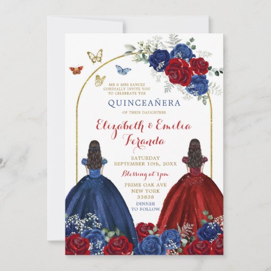 Invitation Twin Marine Blue Rose Princesses Quinceañera (Devant)