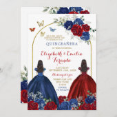 Invitation Twin Marine Blue Rose Princesses Quinceañera (Devant / Derrière)