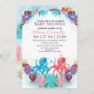 Invitation Twin Ocean Mer Colorful Boy Baby shower Octopus