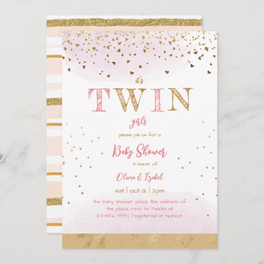 Invitation Twin Pink Gold Parties scintillant Simple bébé fil (Devant / Derrière)