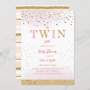 Invitation Twin Pink Gold Parties scintillant Simple bébé fil
