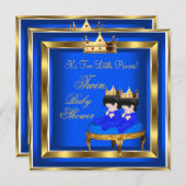 Invitation Twin Prince Baby shower Blue Gold Boy Crown 3a (Devant / Derrière)