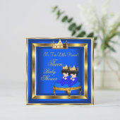 Invitation Twin Prince Baby shower Blue Gold Boy Crown 3a (Debout devant)