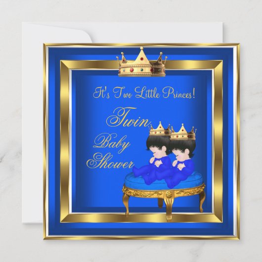 Invitation Twin Prince Baby shower Blue Gold Boy Crown 3a (Devant)