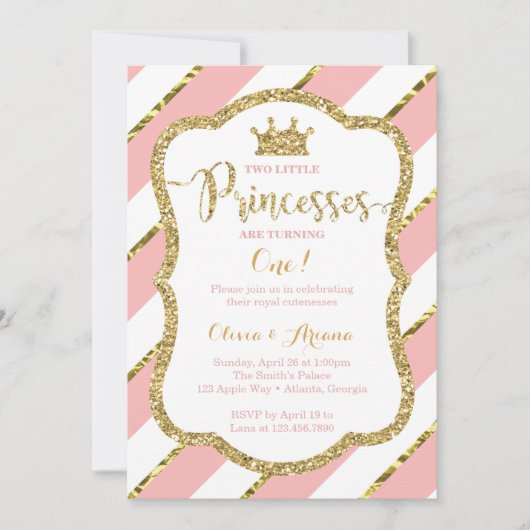 Invitation Twin Princesses Anniversaire Invitation, Rose, Or (Devant)