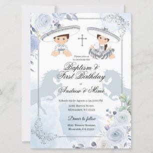 Invitation Twin Silver Baptême et Anniversaire Mexicain