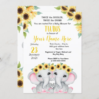 Invitation TWIN Sunflower Girls Elephant Jaune Douche rose