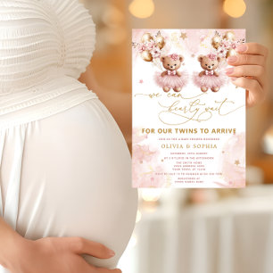 Invitation Twin Teddy Bear Nous Pouvons Attendre Baby shower