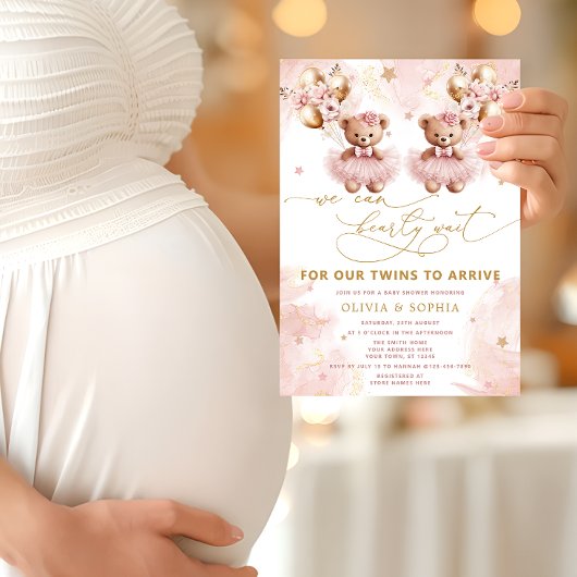 Invitation Twin Teddy Bear Nous Pouvons Attendre Baby shower