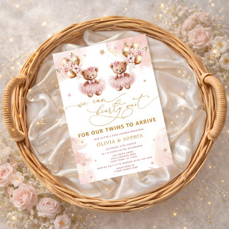 Invitation Twin Teddy Bear We Can Bearly Wait Baby Shower