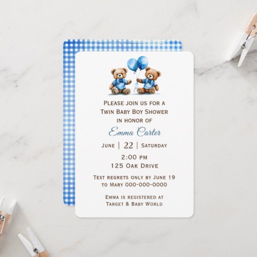 Invitation Twin Teddy Bear with Balloons (Devant/Arrière en situation)