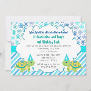 Invitation Twin Turtle Girl Boy Birthday Party