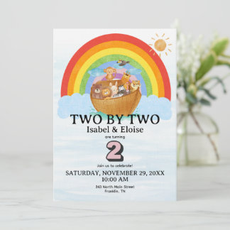 Invitation TWIN Two by Two Noah's Ark Girl Birthday Invite