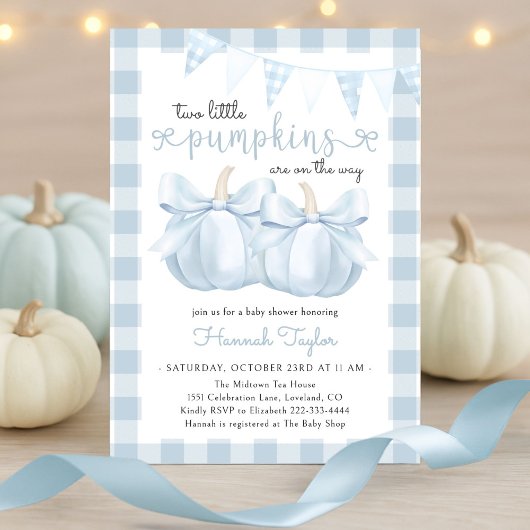 Invitation Twin Two Little Citrouille Blue Bow Baby shower