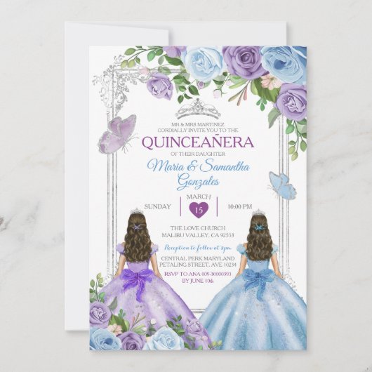 Invitation Twin Violet Et Bleu Papillon Argent Quinceañera (Devant)