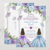 Invitation Twin Violet Et Bleu Papillon Argent Quinceañera (Devant / Derrière)