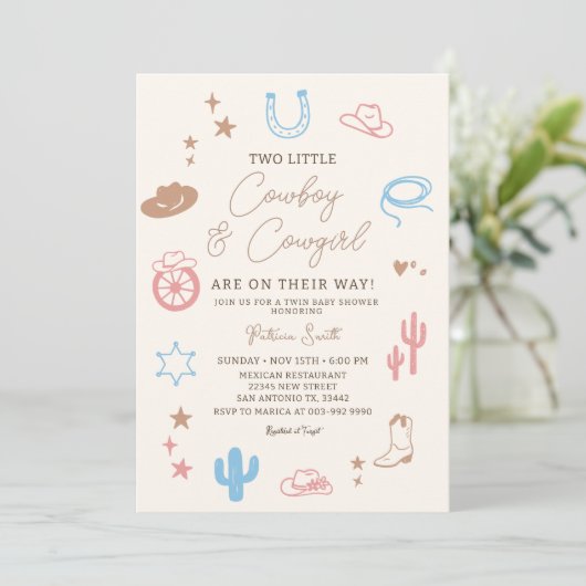 Invitation Twin Western Cowgirl and Cowboy Modern Baby Shower (Debout devant)
