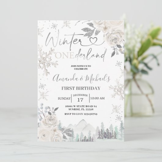Invitation Twin Winter Onederland Snowflake Blanc Anniversair (Debout devant)