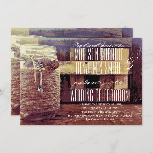Invitation Twine Enveloppé Mason Jar Mariage clé coeur invite (Devant / Derrière)