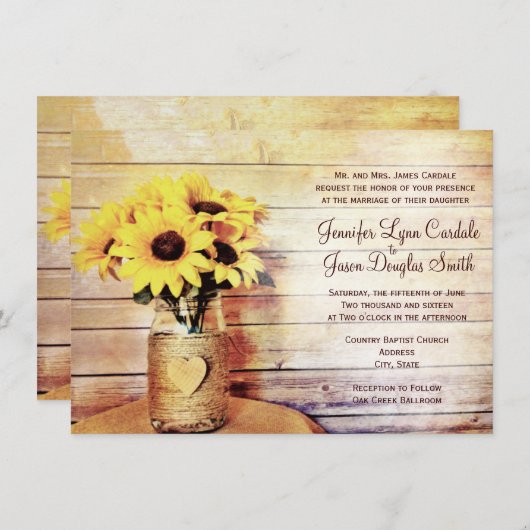 Invitation Twine Enveloppé Mason Jar Sunflower Mariage Invite (Devant / Derrière)