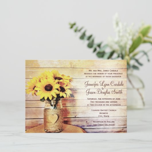 Invitation Twine Enveloppé Mason Jar Sunflower Mariage Invite (Debout devant)