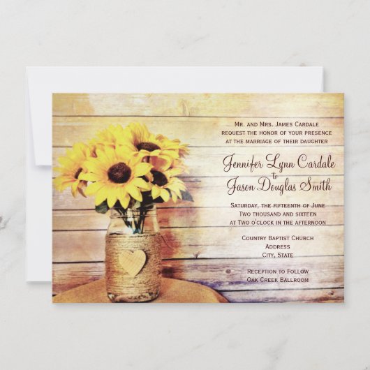 Invitation Twine Enveloppé Mason Jar Sunflower Mariage Invite (Devant)