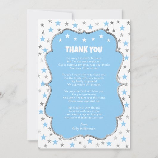 Invitation Twinkle argent étoiles bébé bleu garçon merci note (Devant)