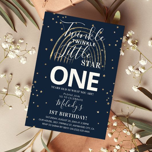 Invitation Twinkle Gold Star & Rainbow 1er anniversaire