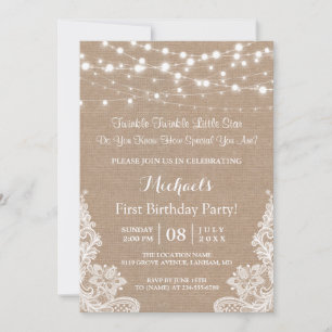 Invitation Twinkle Lights Burlap Lace Premier anniversaire fê