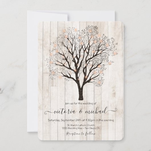 Invitation Twinkle Lights Tree avec Mariage en bois rustique (Devant)