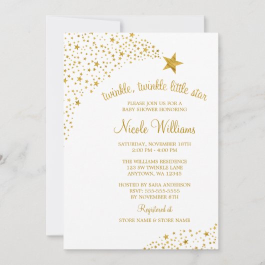 Invitation Twinkle Little Shooting Star Faux Gold Baby shower (Devant)