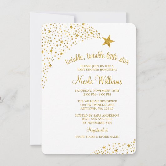 Invitation Twinkle Little Shooting Star Faux Gold Baby shower (Devant)