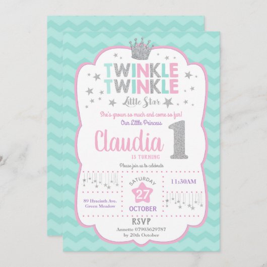 Invitation Twinkle Little Star 1er Anniversaire Princesse (Devant / Derrière)