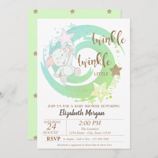 Invitation Twinkle Little Star, Baby Bear Baby shower vert (Devant / Derrière)