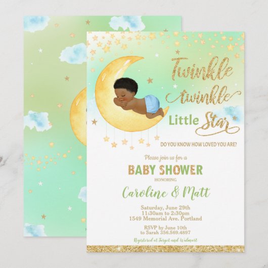 Invitation Twinkle Little Star Baby Douche Africain Américain (Devant / Derrière)
