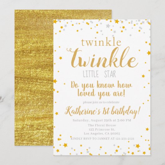 Invitation Twinkle Little Star Baby Gold Girls Anniversaire (Devant / Derrière)