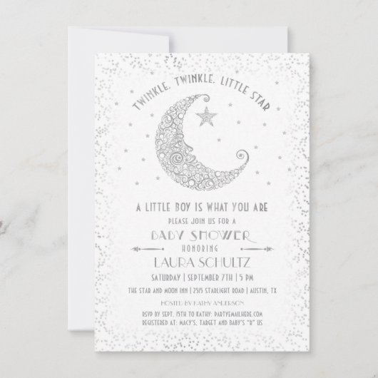 Invitation Twinkle Little Star Baby shower Argent (Devant)