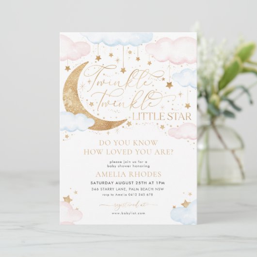 Invitation Twinkle Little Star Baby shower bleu rose (Debout devant)