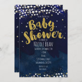 Invitation Twinkle Little Star Baby shower Blue Gold Starry (Devant / Derrière)