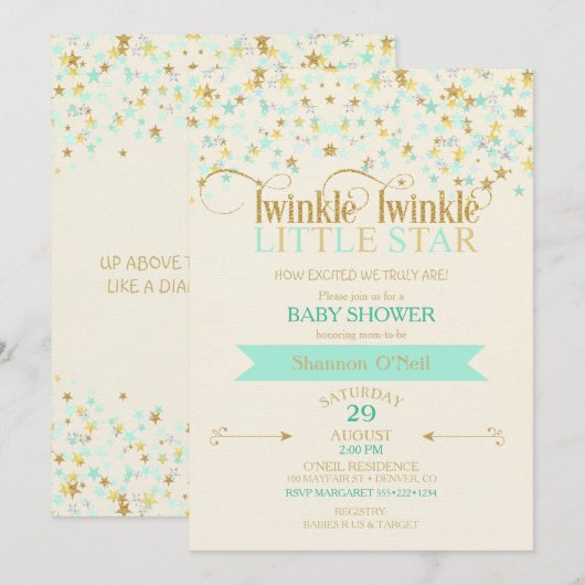 Invitation Twinkle Little Star Baby shower Gold & Mint (Devant / Derrière)