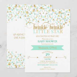 Invitation Twinkle Little Star Baby shower Gold & Mint