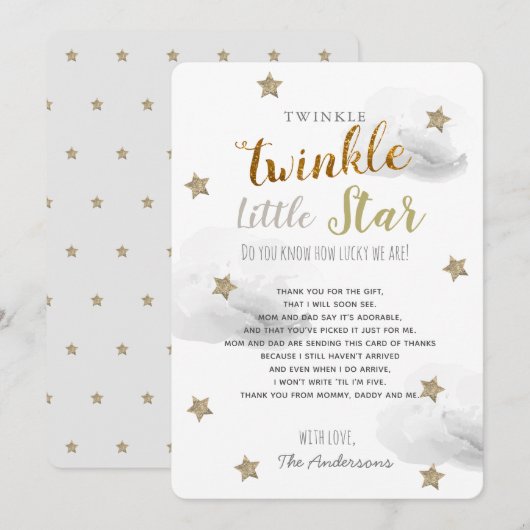 Invitation Twinkle Little Star Baby shower gris Merci (Devant / Derrière)