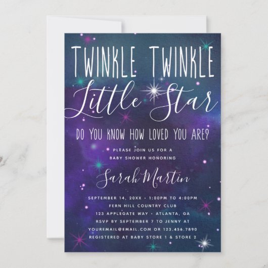 Invitation Twinkle Little Star Baby shower Invitation, Galaxy (Devant)