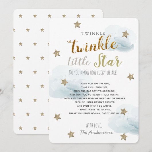 Invitation Twinkle Little Star Baby shower Merci bleu (Devant / Derrière)